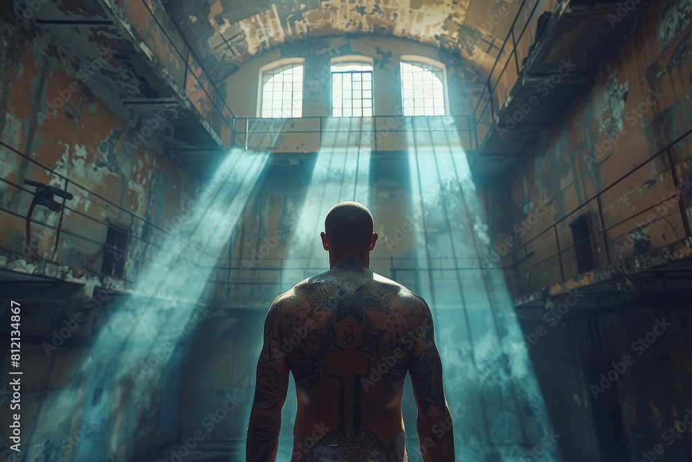A rear view of a man with head-to-toe tattoos looking towards a large luminous window in a derelict prison setting