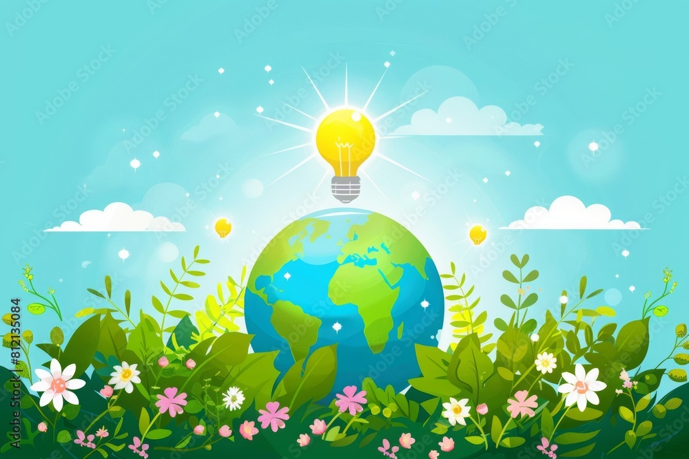World environment day concept with trees, flowers and light bulb on the earth illustration. On top of an isolated blue sky background. World Wildlife Day wallpaper design.
