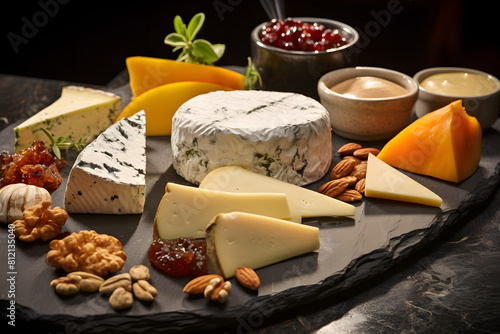 Lavish cheese assortment on a slate platter, including wedges of Cambozola, Taleggio, and fresh Mozzarella, decorated with Generative Ai,
