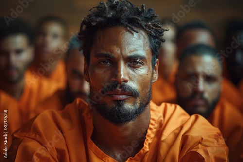 A serious man with dreadlocks and an intense stare wears an orange jumpsuit against a backdrop of fellow inmates