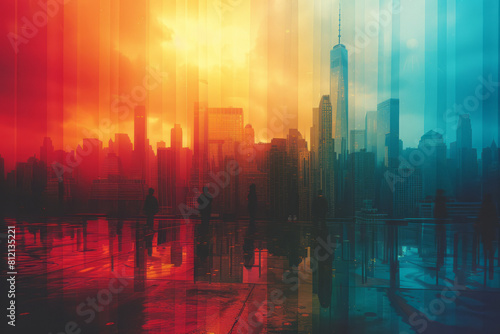 Surreal depiction of a city skyline seen through a giant prism  with buildings tinted in different spectral colors 