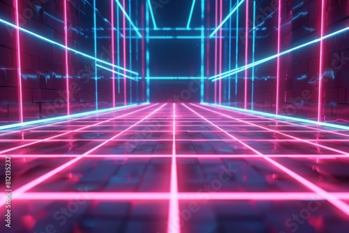 Futuristic Neon Grid Background, Cyberpunk Concept