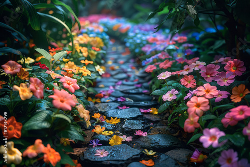 Artistic scene depicting a garden with flowers illuminated by different colors from a spectrum created by a prism 