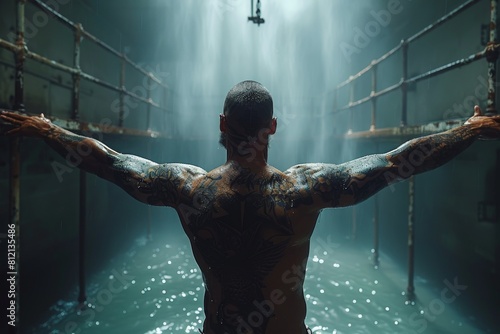 A man with full-back tattoos is captured with his arms outstretched in a dramatic shower scene, with light streaming in