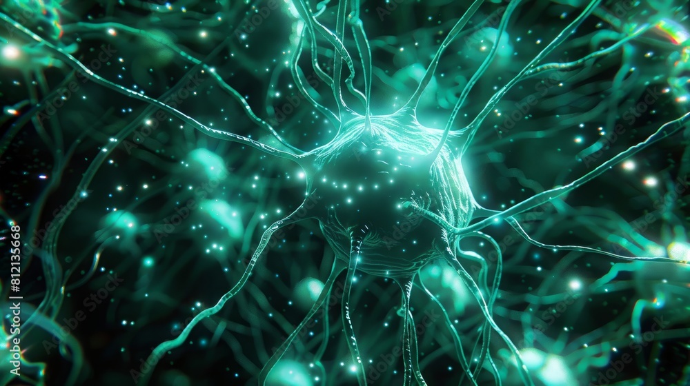 The image is showing a bunch of green neurons firing electrical impulses. The image is showing a bunch of green neurons firing electrical impulses.
