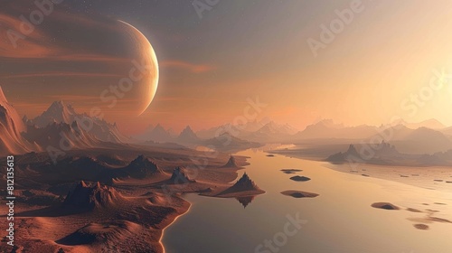 The image is showing a beautiful landscape of an undiscovered planet with a moon, mountains and a lake. photo