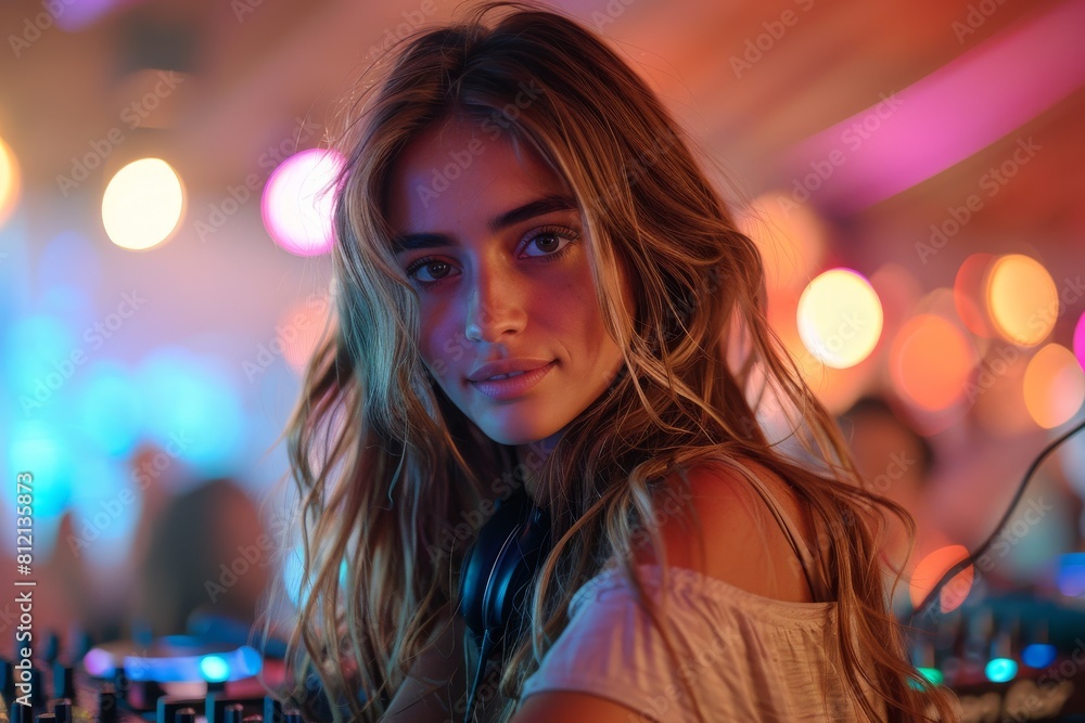 Intimate portrait of an attractive female DJ with a gentle smile, headphones around her neck in a party scene with bokeh lights