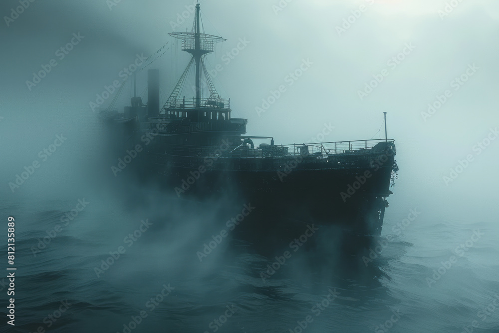 Art piece illustrating a ghostly ship mirage, where a ship seems to float in the sky due to refractive atmospheric layers, Art piece illustrating a ghostly ship mirage, where a ship seems to float in the sky due to refractive atmospheric layers,