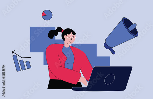 vector illustration of a woman working on a laptop carrying out digital marketing activities