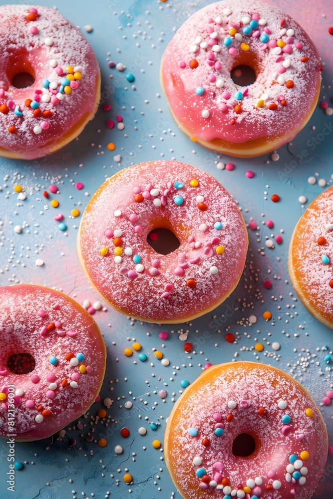 Mouthwatering donuts, sweet delights for any palate, culinary creations dusted with sweet powdered sugar, chocolate, biscuit crumbs, and cream. Mouthwatering donuts, sweet delights for any palate, culinary creations dusted with sweet powdered sugar, chocolate, biscuit crumbs, and cream.