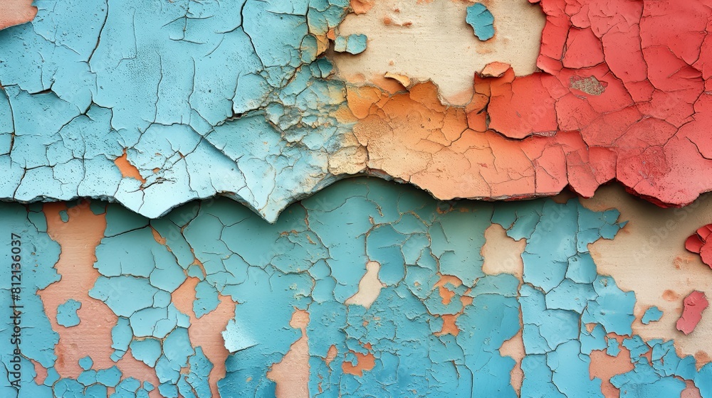 Detailed view of deteriorating paint on a wall, showcasing the texture and layers peeling off
