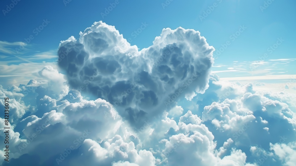 The image shows a beautiful blue sky with a heart-shaped cloud in the center The image shows a beautiful blue sky with a heart-shaped cloud in the center