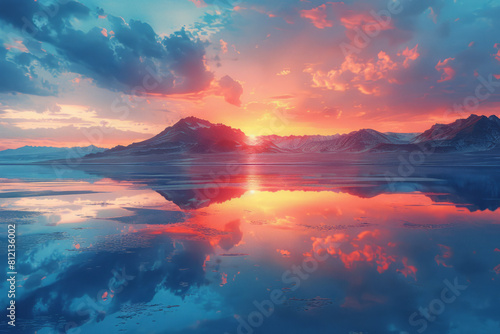 Conceptual image of an evening mirage on a lake  reflecting and distorting the surrounding landscape 