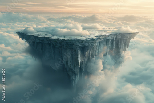 Surreal depiction of a Fata Morgana where the sky and the sea blend, creating floating islands in the air, photo