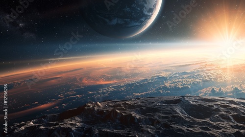 The image shows a beautiful landscape of a distant planet with a blue sky and a bright shining sun.