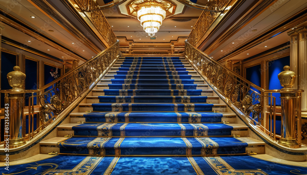 Obraz premium Grand entrance hall with royal blue carpeted stairs surrounded by a luxurious gold balustrade and a richly textured runner The opulent setting is illuminated by a lavish ceiling fixture