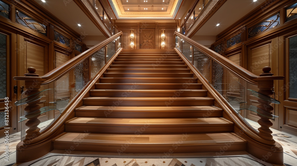 Obraz premium Grand entrance in a luxurious home featuring a wooden staircase with elegant glass details under ambient cove lighting