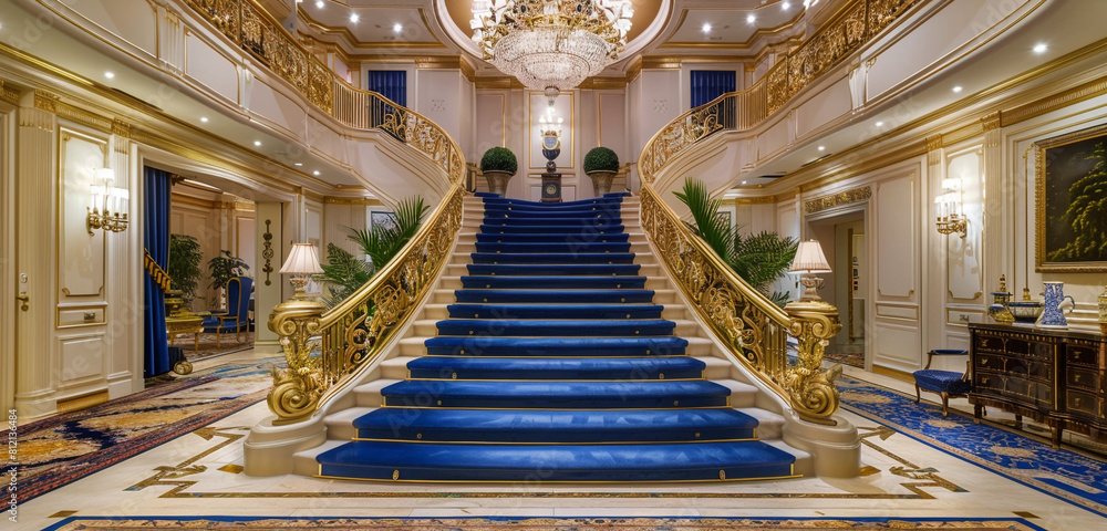 Grand entrance hall with royal blue carpeted stairs surrounded by a ...