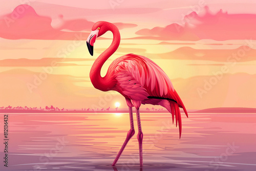 Tropical Flamingo Vector  Majestic Sunset Scene with Full Body Flamingo