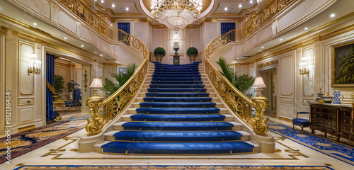 Grand entrance hall with royal blue carpeted stairs surrounded by a luxurious gold balustrade and a finely woven area rug The opulent setting is illuminated by an elaborate ceiling fixture photo