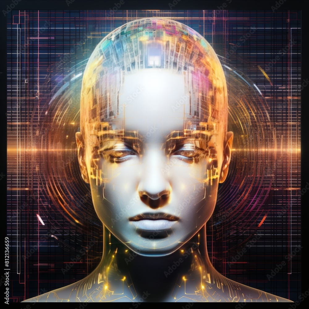 The image shows a beautiful woman with glowing eyes and a glowing circuit board-like pattern on her face The image shows a beautiful woman with glowing eyes and a glowing circuit board-like pattern on her face