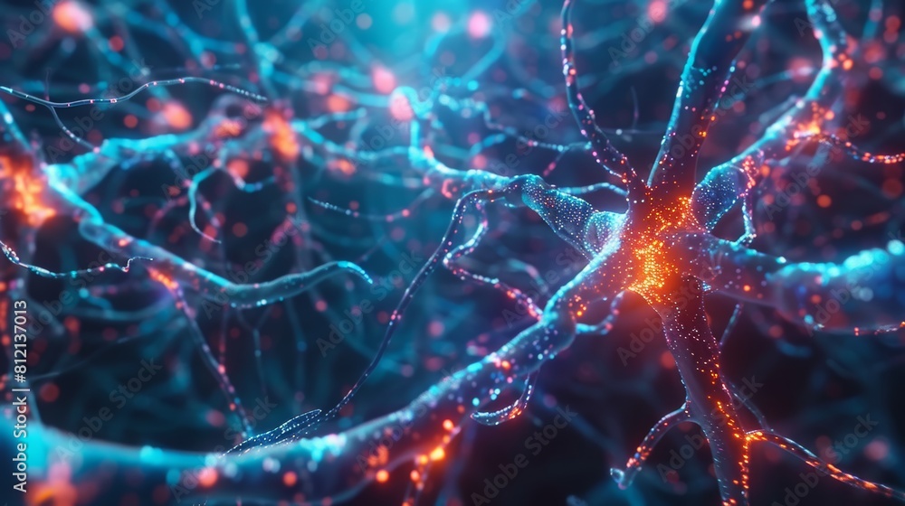 The image shows a bunch of neurons in the brain. Some of them are red and others are blue. The image shows a bunch of neurons in the brain. Some of them are red and others are blue.