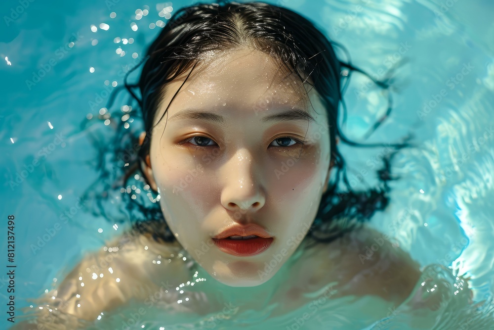 Powerful Asian woman swimming indoor pool closeup photo. Female swimmer with face above the water. Generate ai Powerful Asian woman swimming indoor pool closeup photo. Female swimmer with face above the water. Generate ai