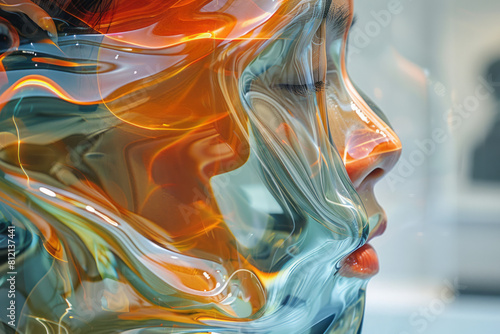 Surreal depiction of a body seen through a layer of thick, colored glass, altering the natural skin tones and contours, photo