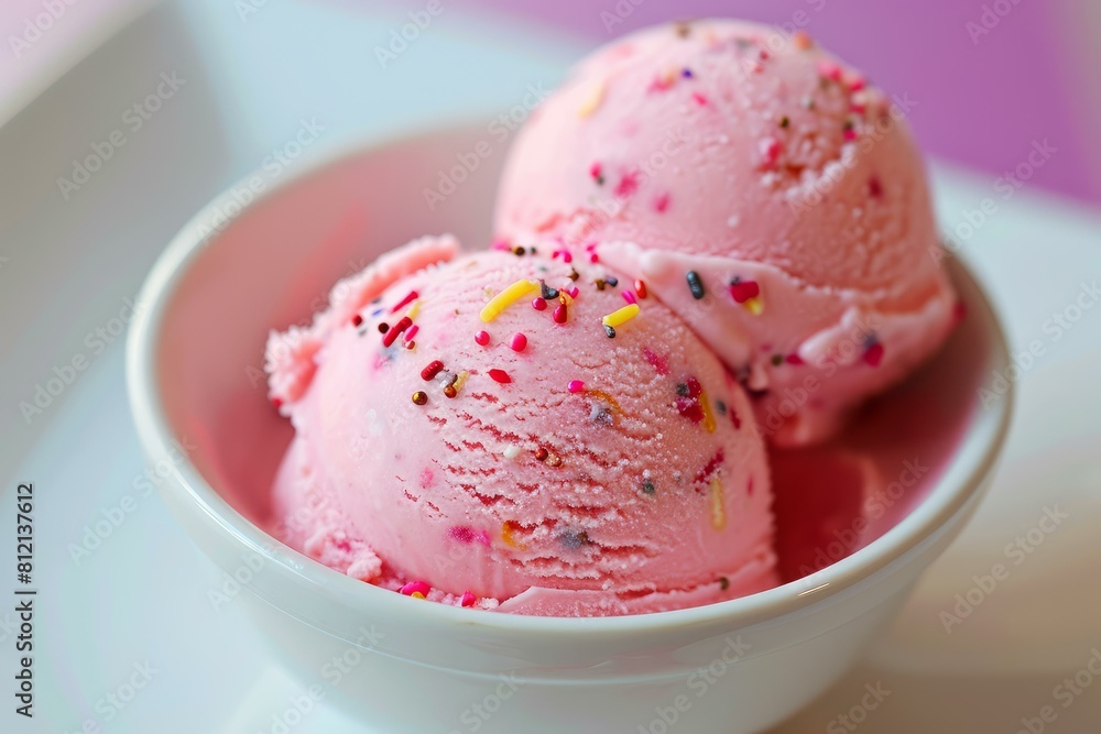 Close-up view of two delicious strawberry ice cream scoops in a white bowl, adorned with colorful sprinkles Close-up view of two delicious strawberry ice cream scoops in a white bowl, adorned with colorful sprinkles