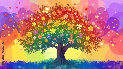 Illustration of a large rainbow tree decorated with colorful flowers for the pride parade concept © vetrana