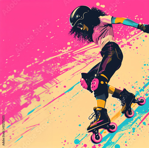 A woman wearing roller skates and a helmet is riding on a colorful background with paint splatters © nataliakarebina