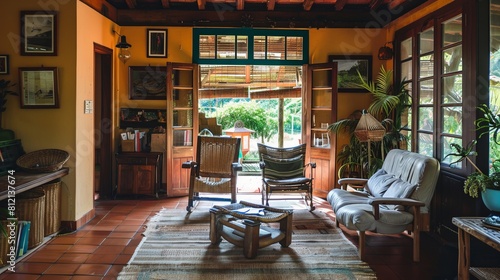 the living room of a typical brazilian house in Minas Gerais, magic hour, photo