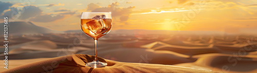 An elegant cocktail enjoying the golden hour light, set against a breathtaking desert sunset landscape. photo