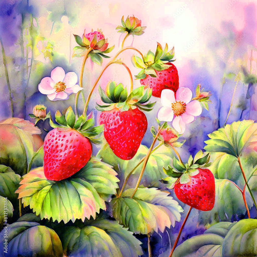 Colourful watercolour oil painting of garden of strawberry Fruit Colourful watercolour oil painting of garden of strawberry Fruit