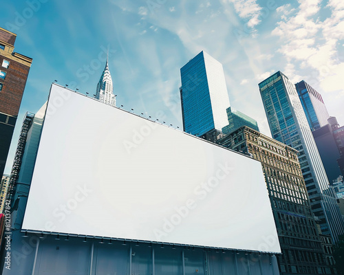 Large white billboard against a dynamic city skyline, great for digital advertising mockups.