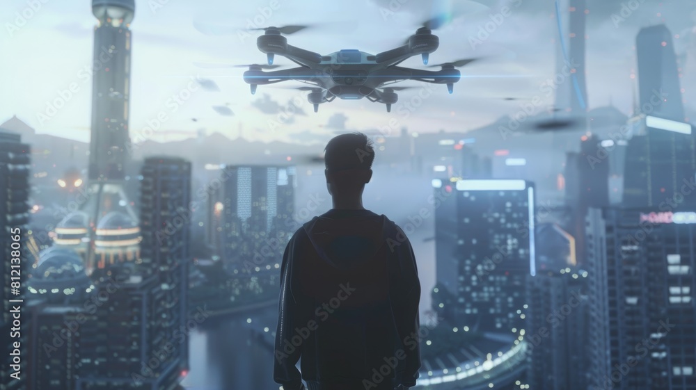 The image shows a person standing on a rooftop in a city, looking out at the view. There is a drone flying in the sky in front of him. The image is set in a futuristic city.
