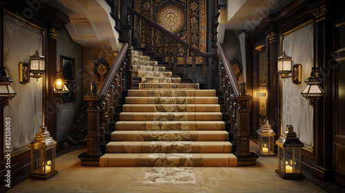 Luxurious entryway with pale gold carpeted stairs accented with dark wooden railings and an ornate tapestry wall hanging Softly glowing lanterns create a welcoming ambiance