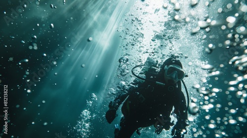 Scuba diver explores an underwater cave.