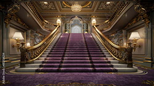 Luxurious mansion foyer with amethyst purple carpeted stairs flanked by ornate golden balusters and a detailed plaster ceiling The lighting is elegantly diffused through silk lampshades
