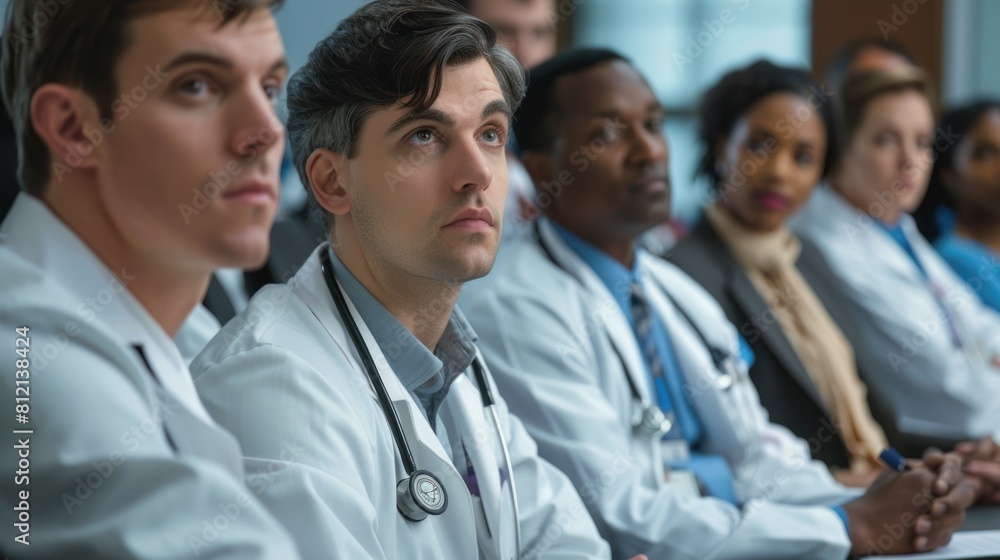 A group of doctors, in the center of attention, is a young man with a stethoscope around his neck, sitting in a row and looking forward. A group of doctors, in the center of attention, is a young man with a stethoscope around his neck, sitting in a row and looking forward.