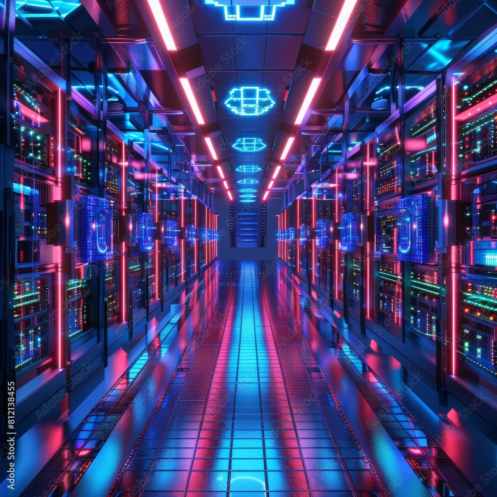 The image shows a futuristic server room with rows of servers and colorful neon lights. The image shows a futuristic server room with rows of servers and colorful neon lights.