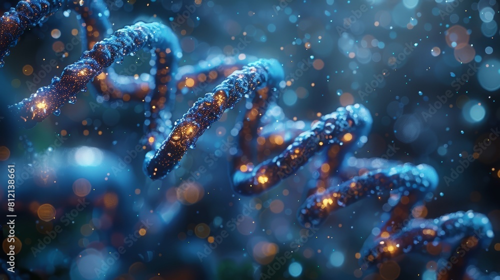 The image shows a glowing blue double helix structure, representing DNA, on a dark blue background. The image shows a glowing blue double helix structure, representing DNA, on a dark blue background.