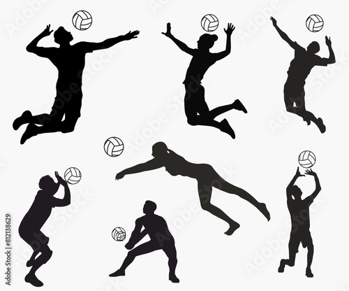 silhouette of male and female volleyball player. Group of volleyball player on isolated white background. 