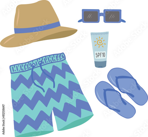 A set of summer things for relaxing at sea. Shorts, flip-flops, a hat and sunglasses. A flat cartoon illustration on a white background. A set for men. Vector illustrations.