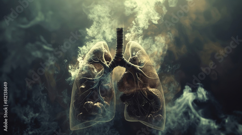 Unhealthy lungs of a smoker consisting of smoke, ash and soot. Smoking cessation concept photo