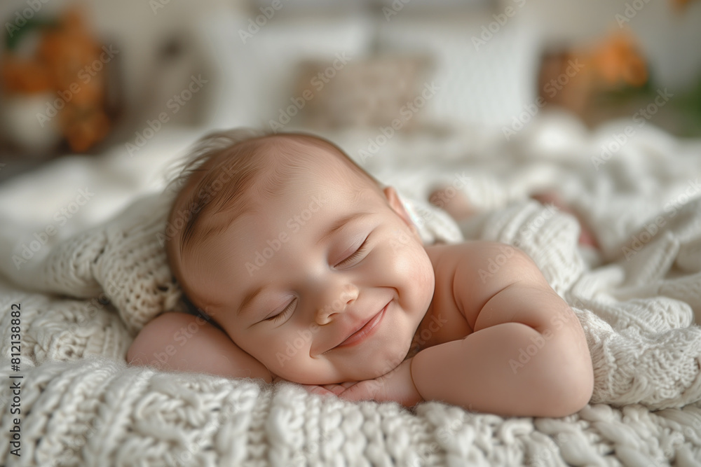 Cute newborn baby sleeping on soft blanket at home, closeup Cute newborn baby sleeping on soft blanket at home, closeup
