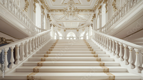 Luxury mansion foyer with white carpeted stairs edged by a luxurious gold-threaded runner and complemented by ornamental plasterwork Overhead a grand Venetian chandelier shines