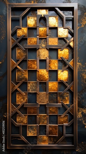 A stainless steel panel featuring intricate Aztek Fretwork designs with golden squares in a symmetrical pattern photo