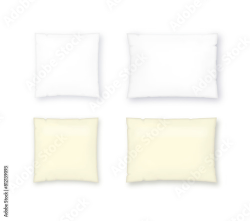 Square, rectangular and bolster pillow. Pillow mockup in front view. Design element for spa, brands and salons. Vector