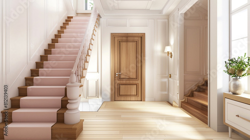 Minimalist home entrance with a soft pink staircase a classic wooden door and a wide light hardwood floor